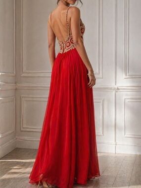 💎 ANNY LEE - LIKE NEW Red Gold Maxi Prom Dress Embroidered Princess Formal Small